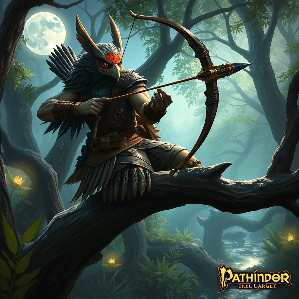 A dramatic scene featuring a Strix ranger from Pathfinder, with striking avian features, including sharp beak and feathered wings