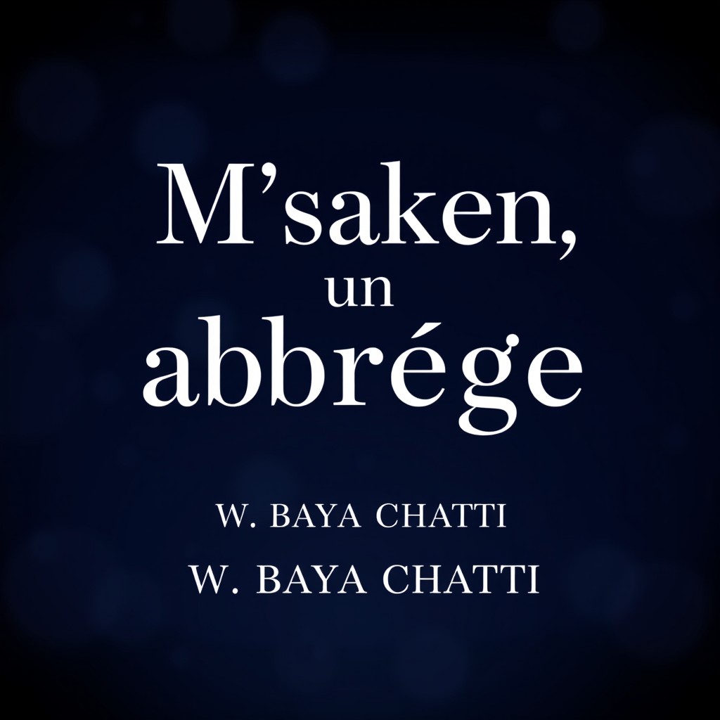 A book cover design entitled "M'saken, un abrégé" featuring a deep navy blue background with elegant grey reflections or highlights throughout