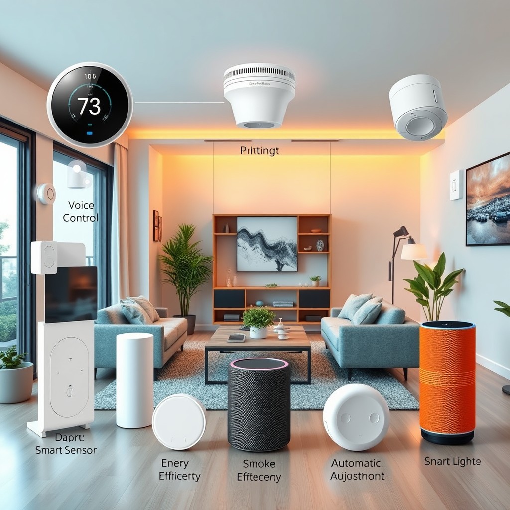 A modern smart home concept cover design showcasing various smart sensors and devices within a stylish apartment setting