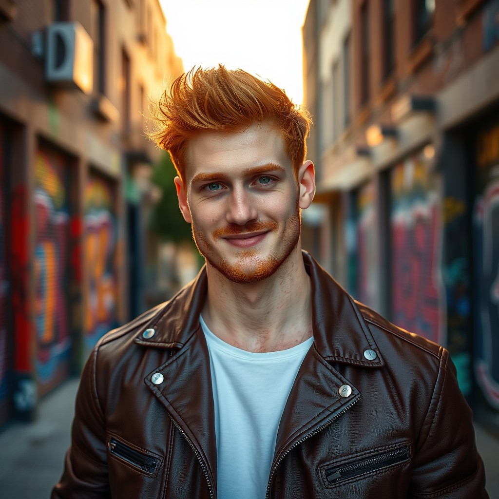 A charismatic red-haired man with a strong jawline, wearing a stylish leather jacket, standing confidently against a vibrant urban backdrop