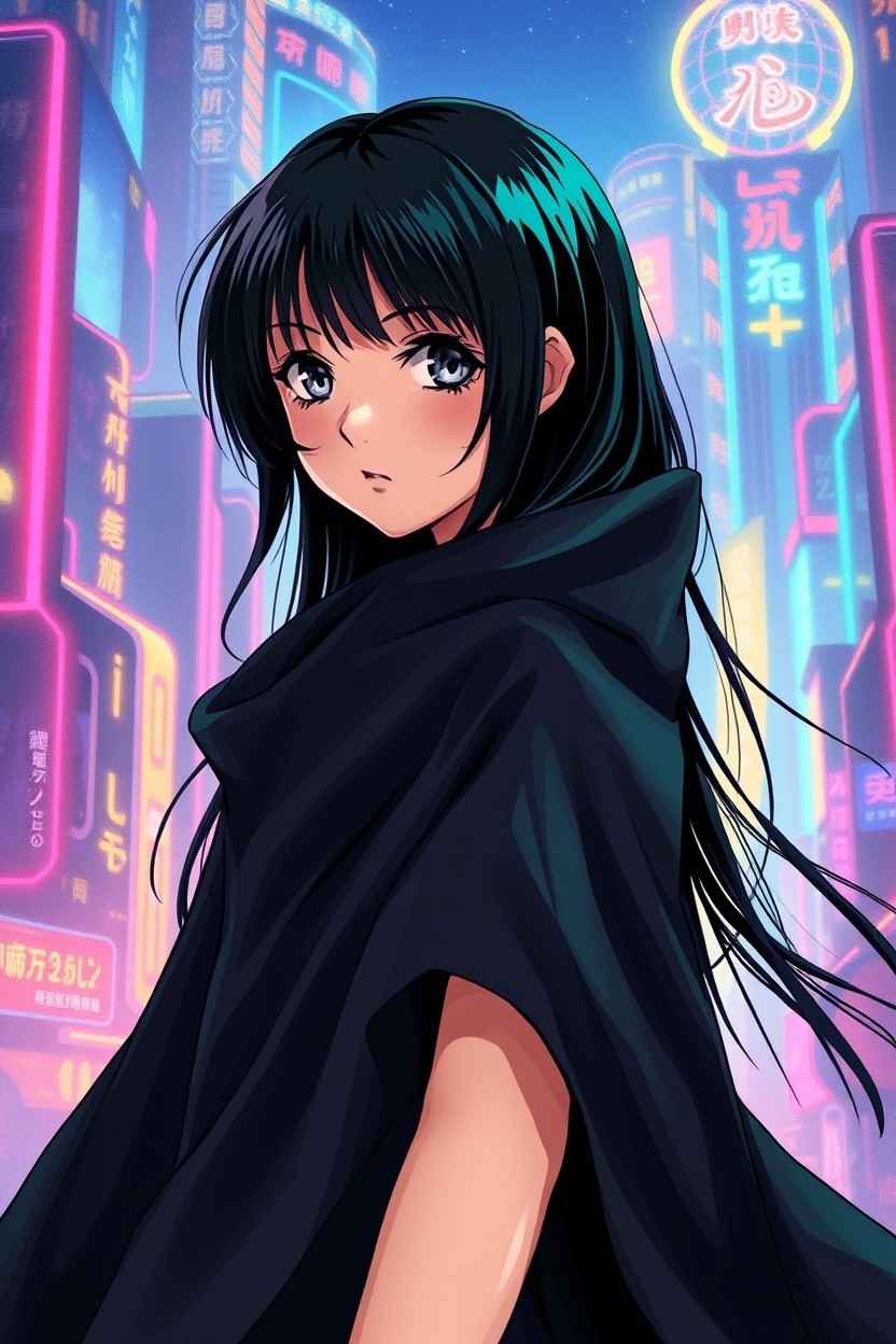 A painting of a shy girl in a sci-fi atmosphere, inspired by retro 80s anime style
