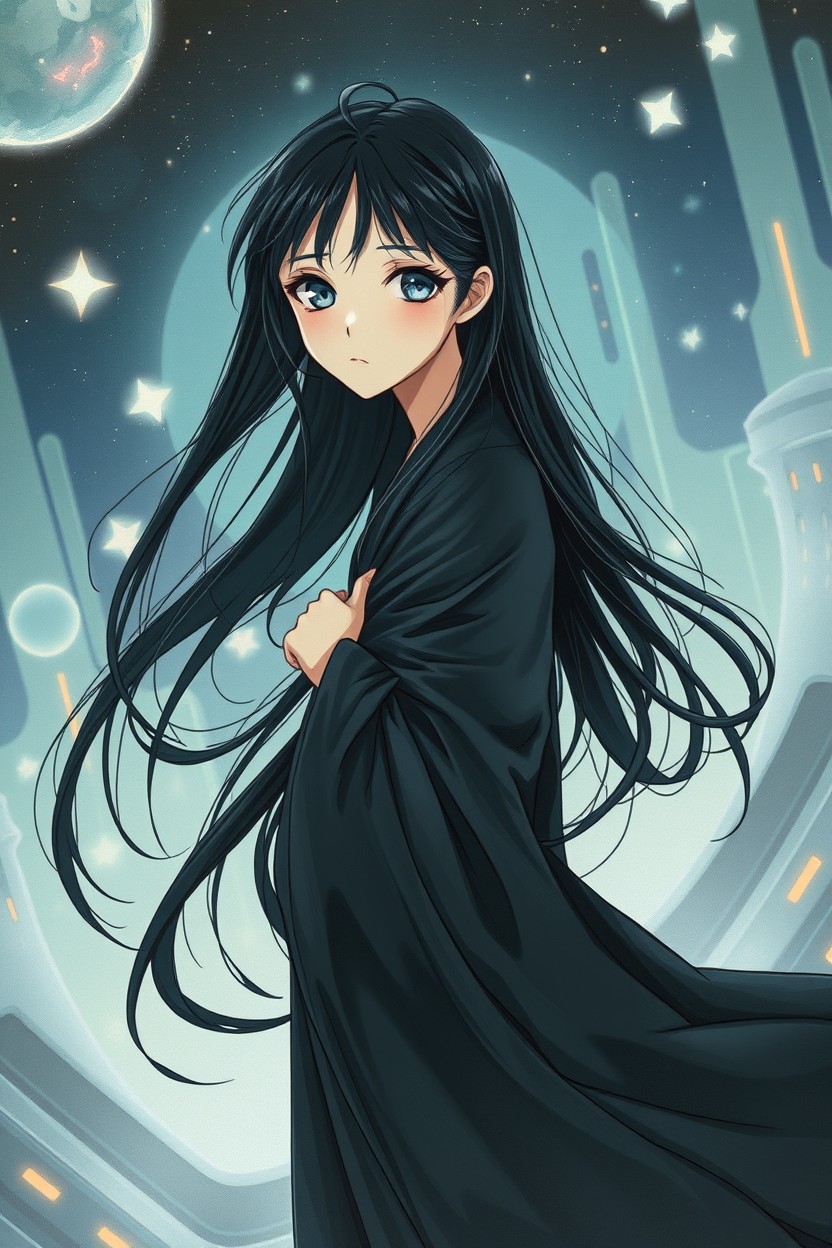 A painting of a shy girl in a sci-fi atmosphere, inspired by retro shojo anime style