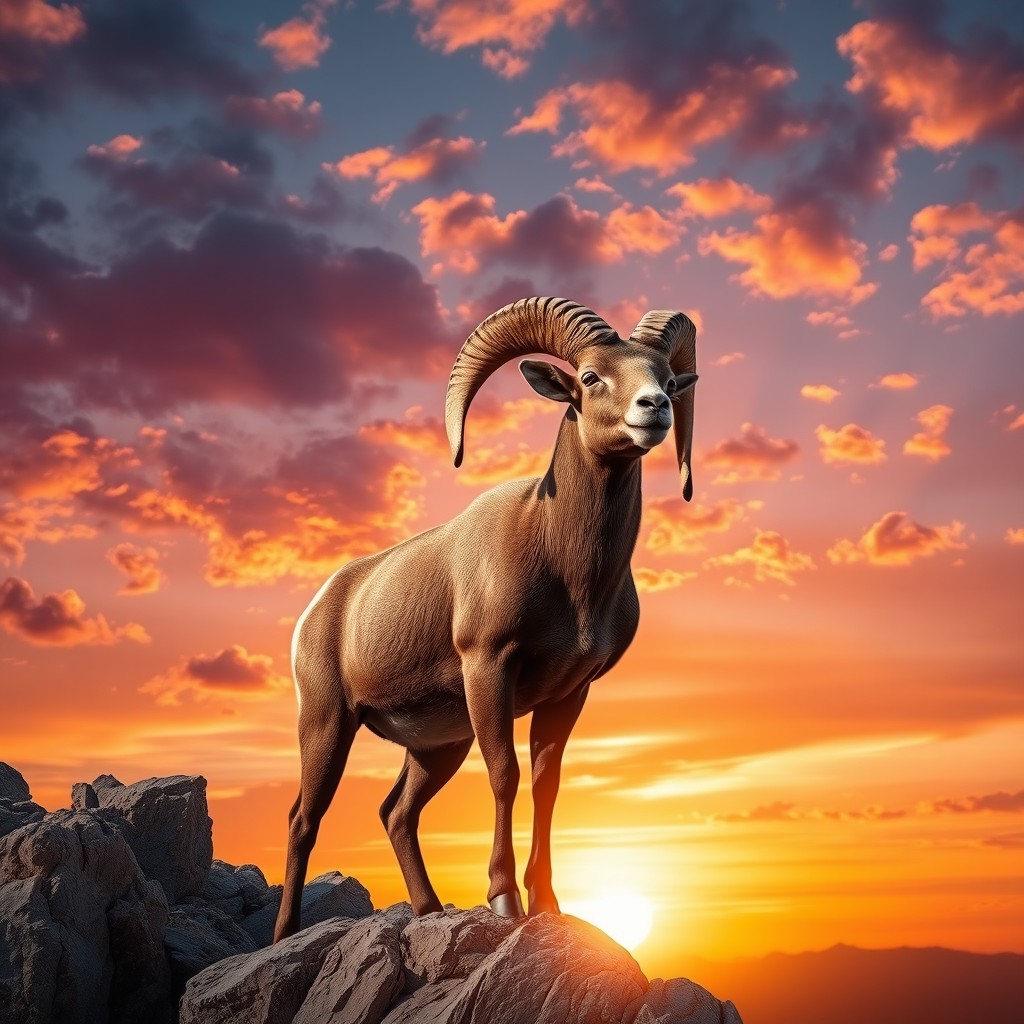 A majestic ram standing proudly on a rocky cliff against a stunning sunset backdrop