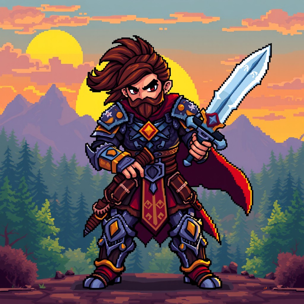 A pixel art representation of a fierce warrior in vibrant colors
