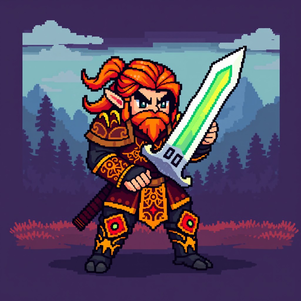 A pixel art representation of a fierce warrior in a compact 32x32 pixel format