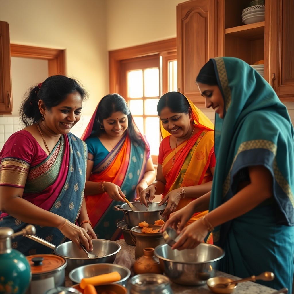 A vibrant and warm kitchen scene featuring Indian women in traditional attire, such as colorful sarees and contemporary innerwear, joyfully cleaning dishes