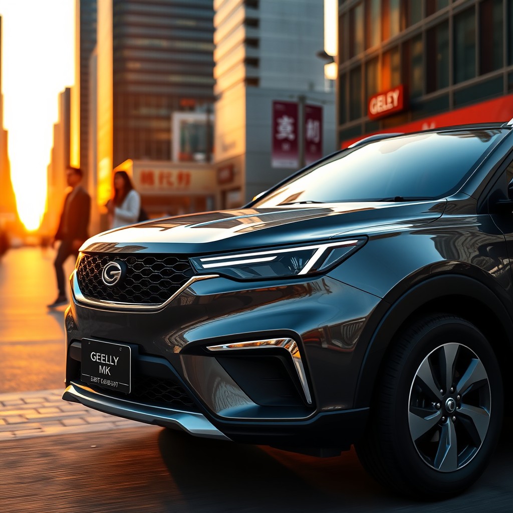 A sleek and modern Geely MK car parked in an urban setting, showcasing its dynamic lines and stylish design