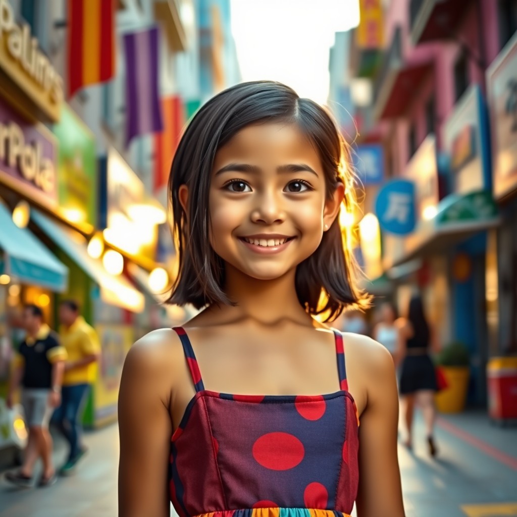 A stunning portrait of a little woman, standing confidently in a vibrant cityscape