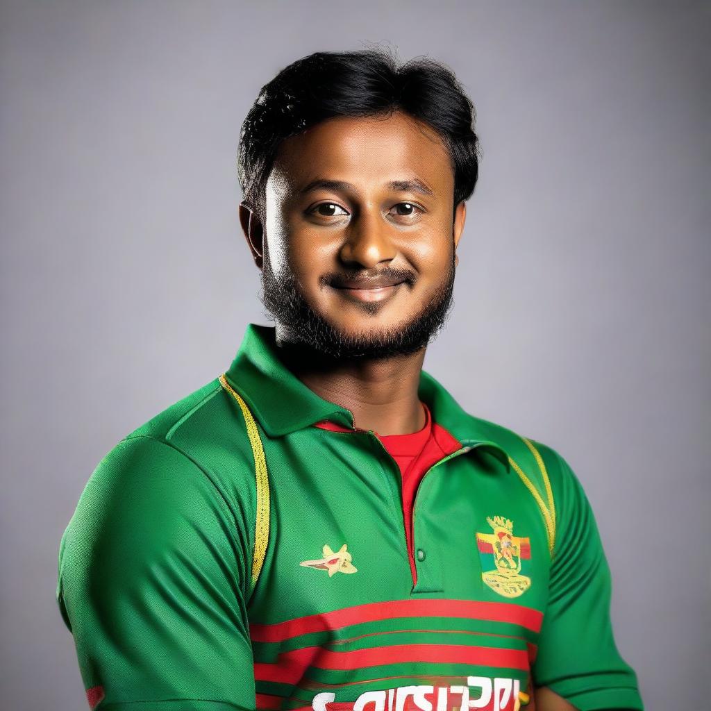 Portrait of Shakib Al Hasan, the Bangladeshi international cricketer, in his national cricket team's uniform.