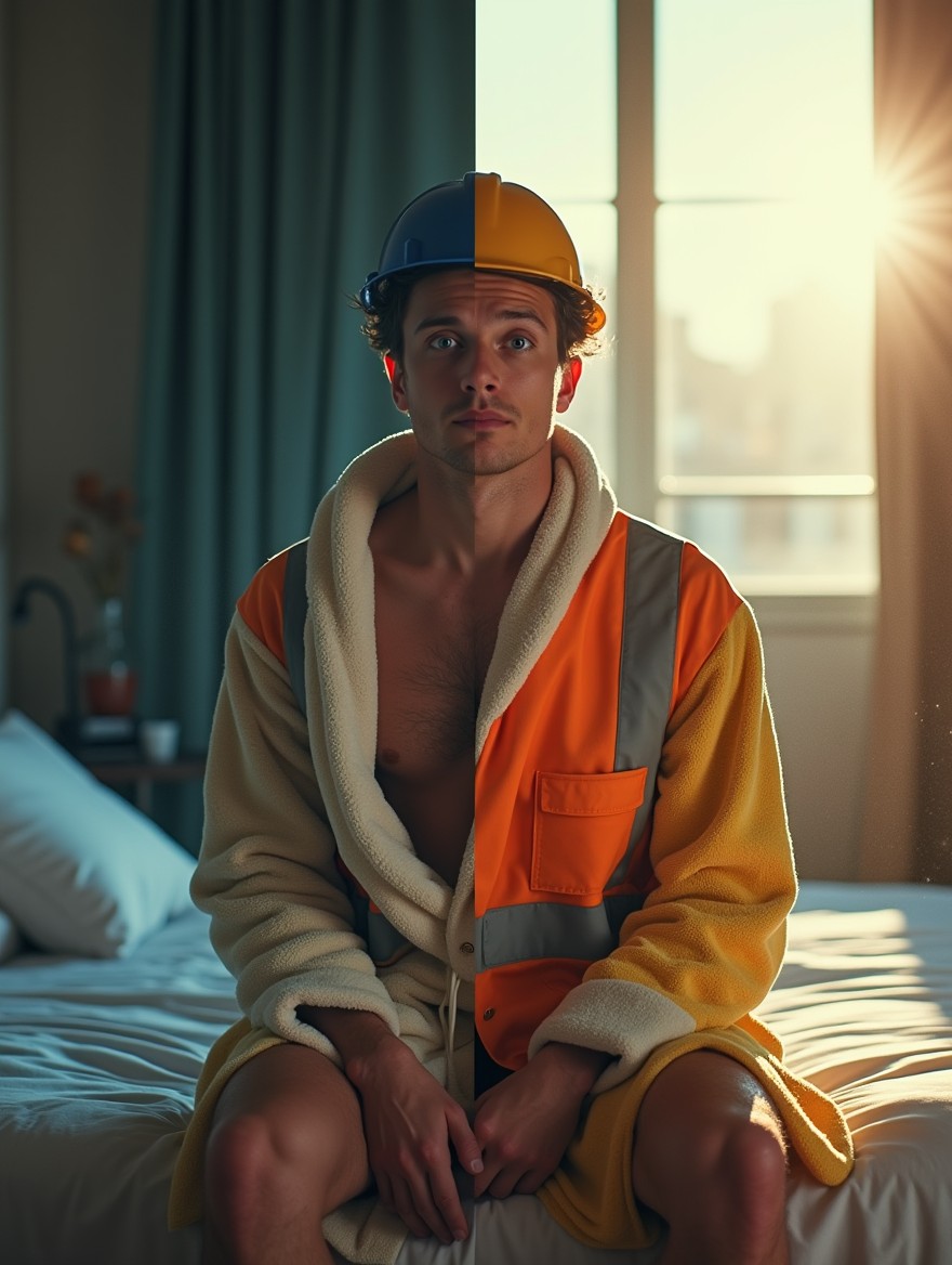 A close-up portrait half split image of a funny man sitting on the edge of a bed