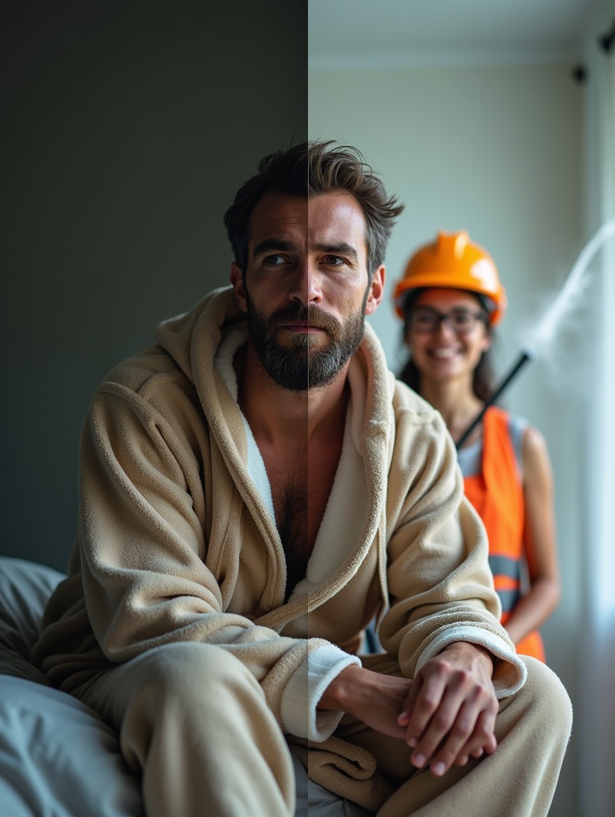 A close-up portrait half split image of a funny man sitting on the edge of a bed