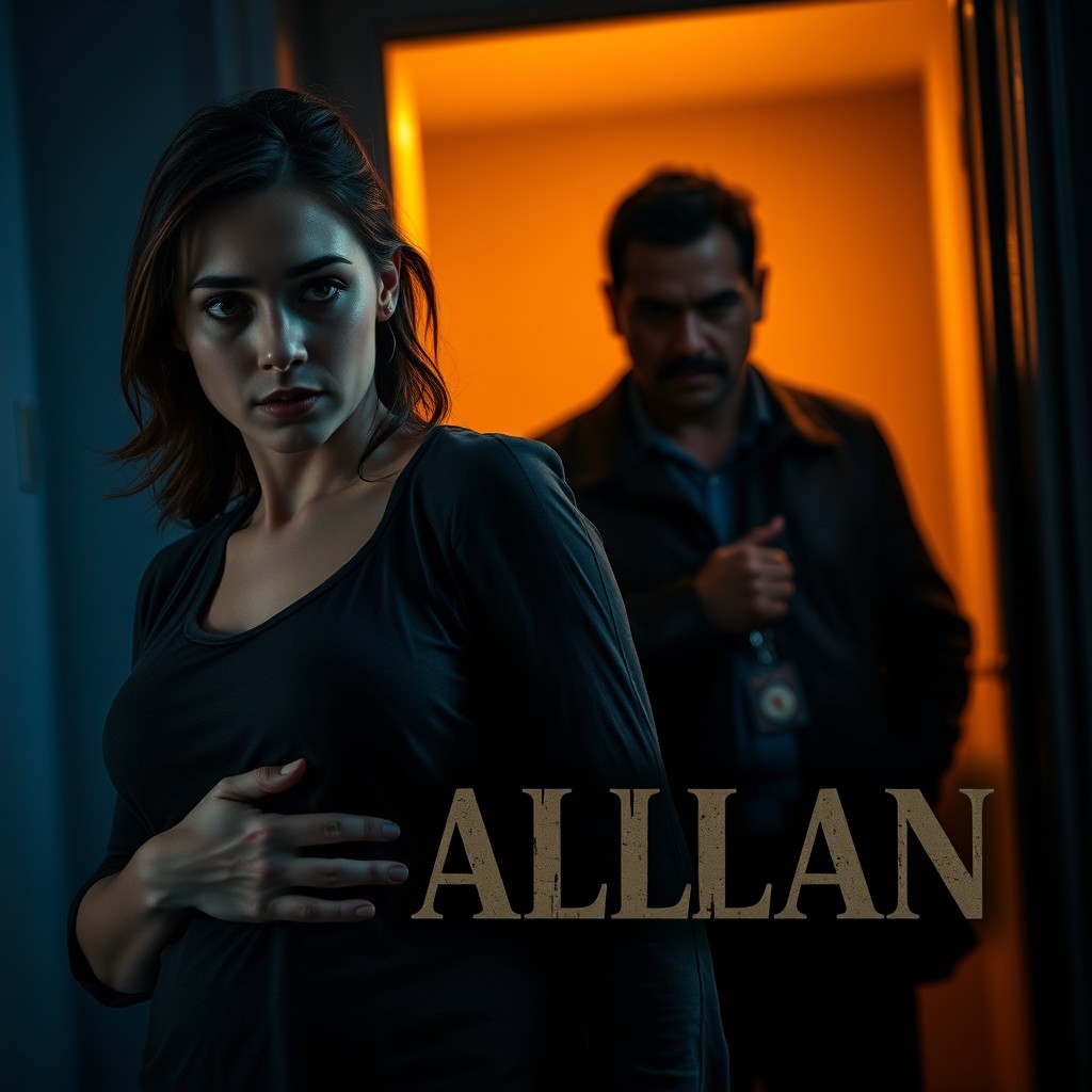 A realistic cinematic shot featuring Laura in the foreground with an expression of urgency and her hand on her belly, conveying tension