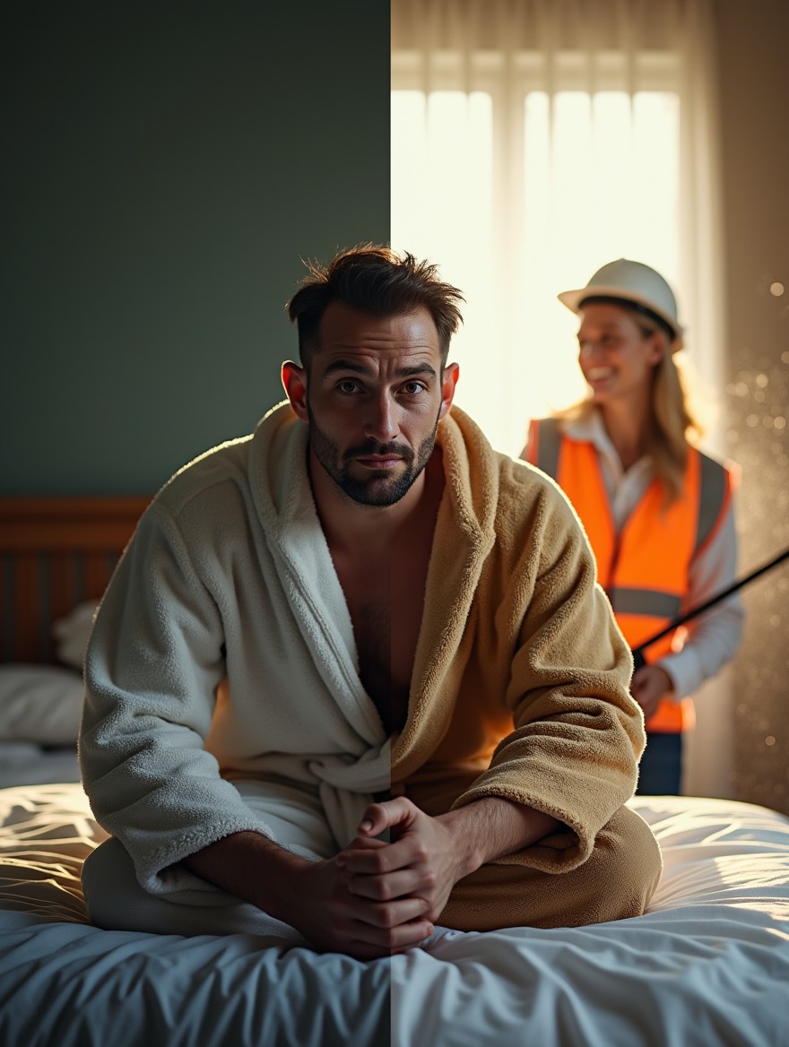 A close-up portrait in a half split image of a funny man sitting on the edge of a bed