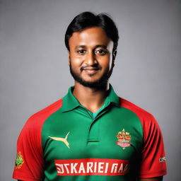 Portrait of Shakib Al Hasan, the Bangladeshi international cricketer, in his national cricket team's uniform.