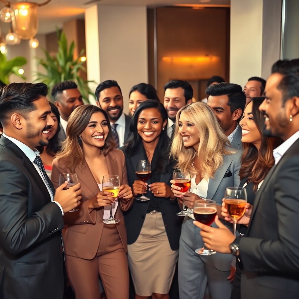 A vibrant after-work party scene featuring a multicultural group of 25 business professionals
