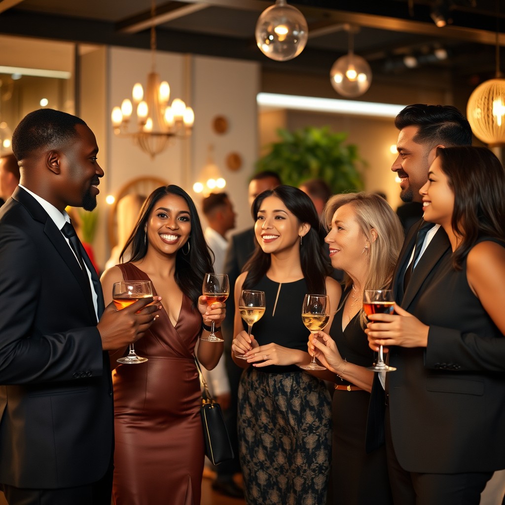 A lively after-work party scene featuring a black man, a black woman, an Asian lady, a white woman, and a Hispanic male