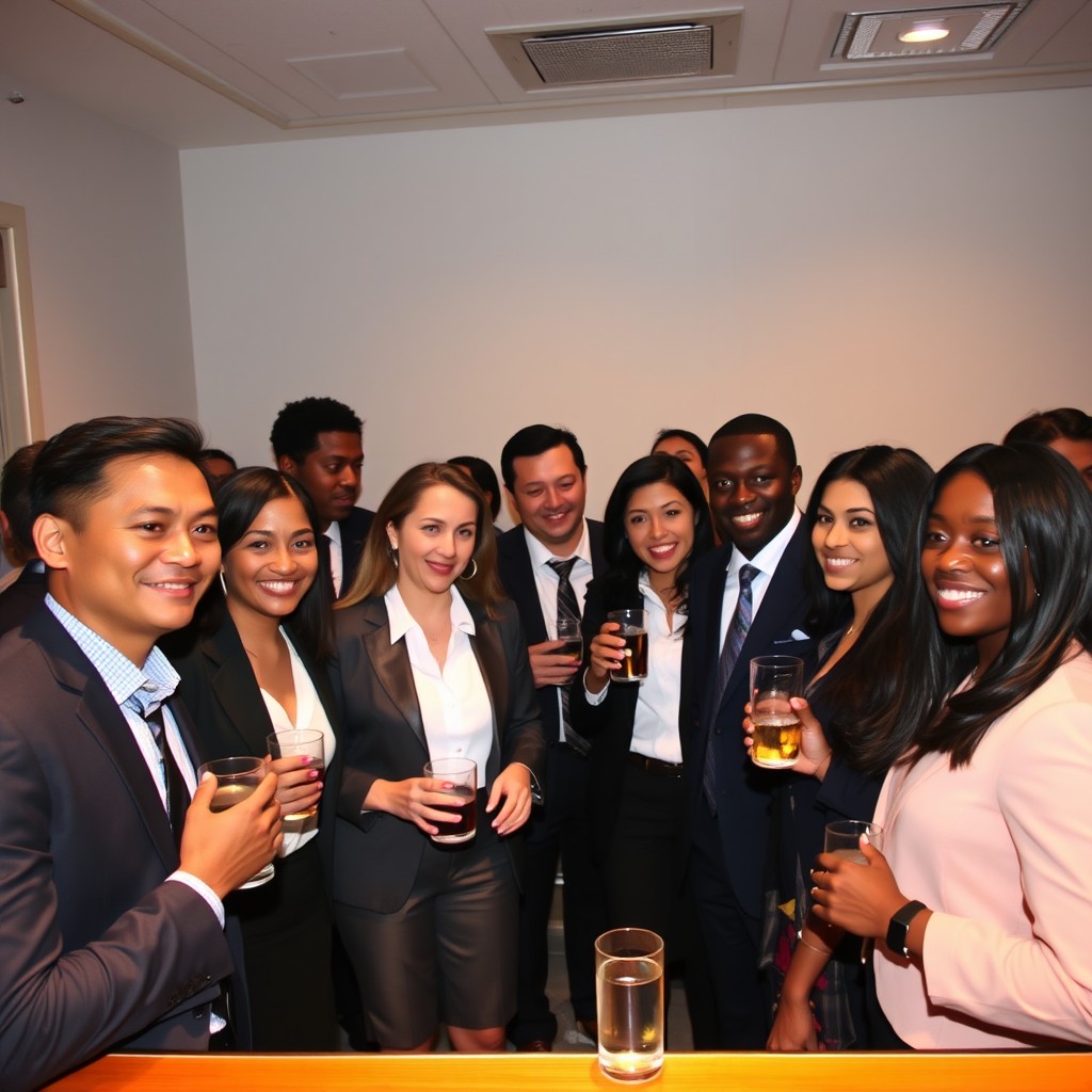 A professional after-work gathering featuring a multicultural group of 25 business professionals