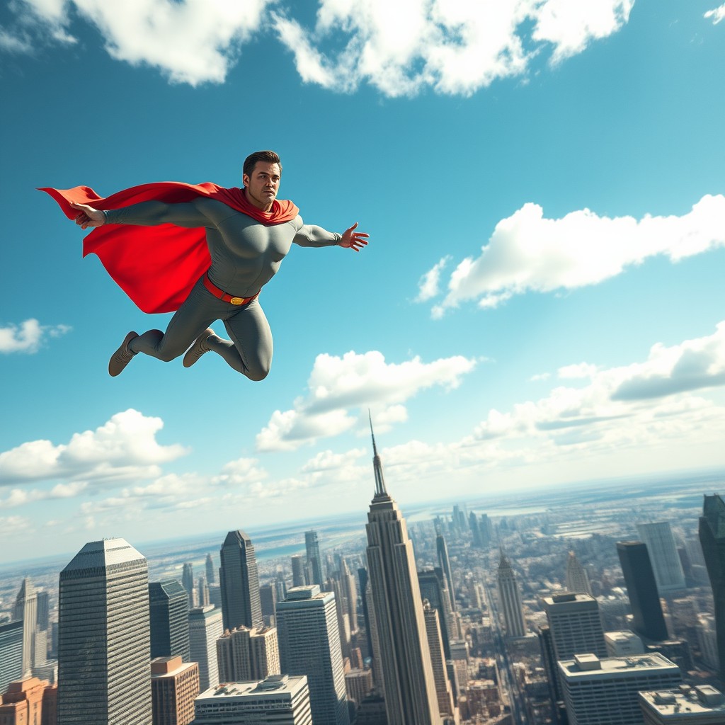 An epic scene featuring a muscular superhero flying above a sprawling metropolis, showcasing a bright blue sky with fluffy white clouds