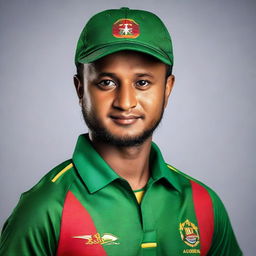 Portrait of Shakib Al Hasan, the Bangladeshi international cricketer, in his national cricket team's uniform.