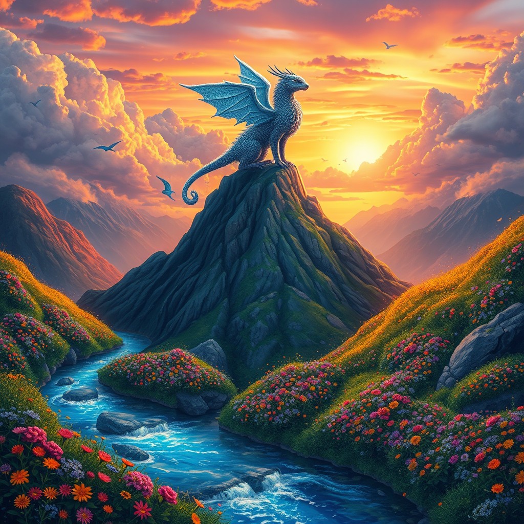 A mythical creature perched atop a whimsical mountain peak, surrounded by vibrant clouds and a heavenly aura