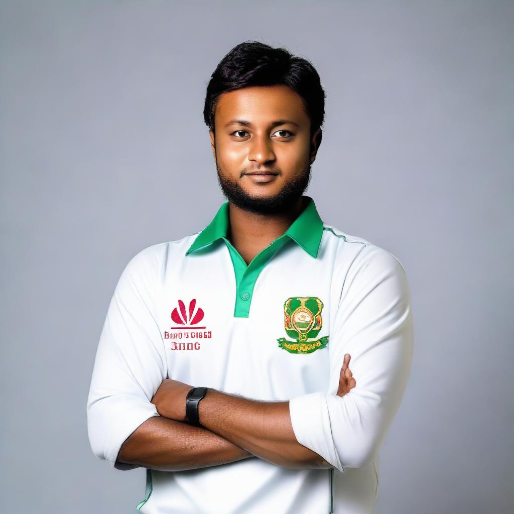 Portrait of Shakib Al Hasan, the Bangladeshi international cricketer, in his national cricket team's uniform.