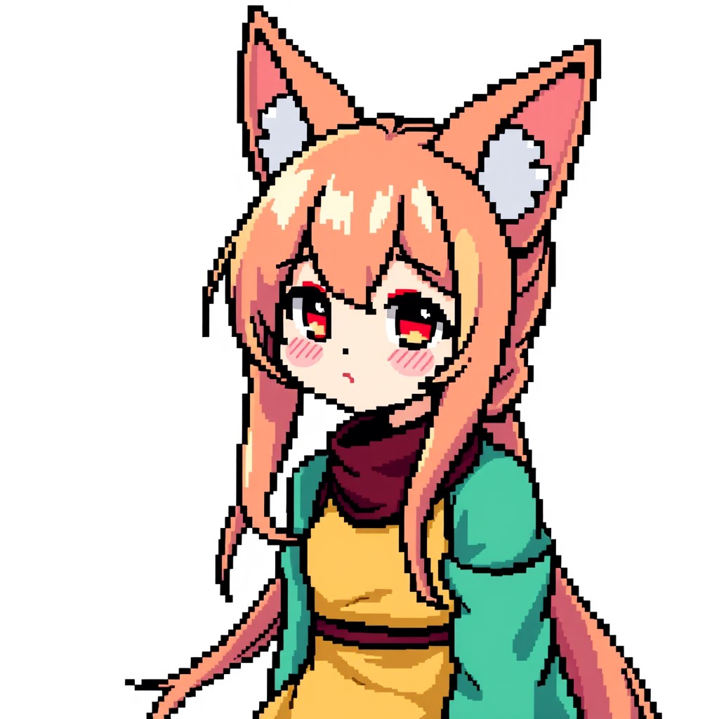 A pixel art image with a resolution of 64x128 pixels depicting a girl with a playful expression, featuring fox ears and a long, flowing ponytail