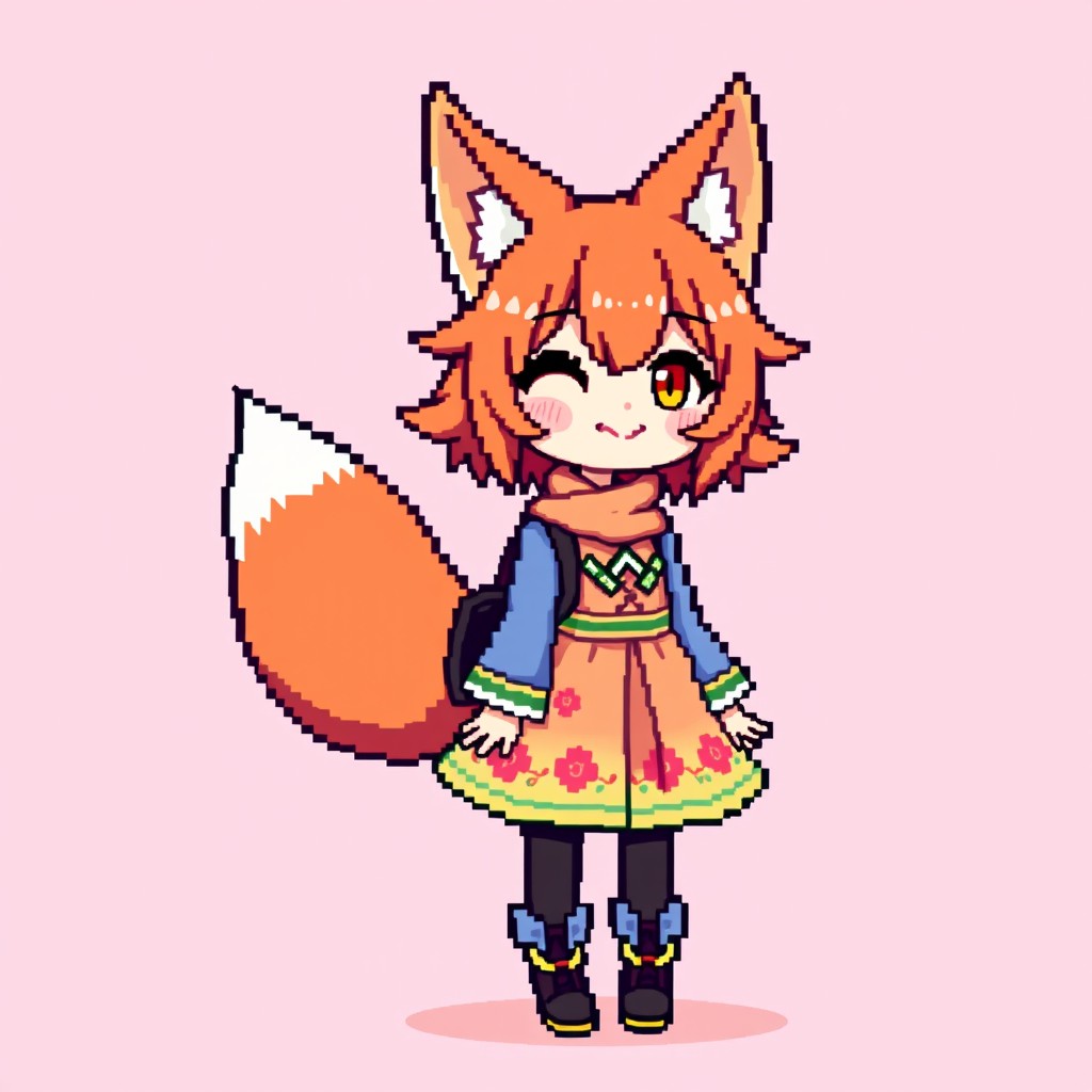 A pixel art image in PNG format depicting a full-body view of a girl with fox ears and a bushy fox tail