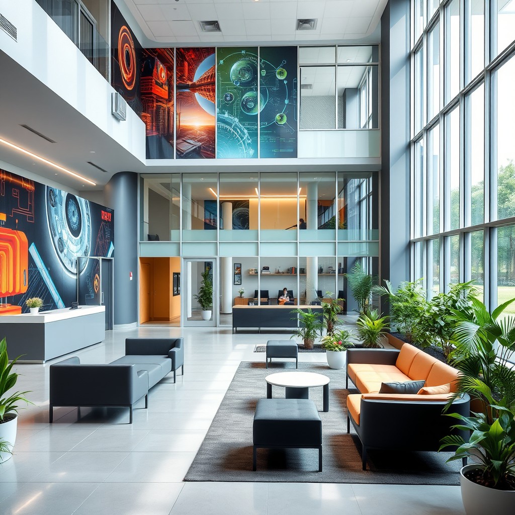 A modern interior design of a reception area and a patio for a technological institute