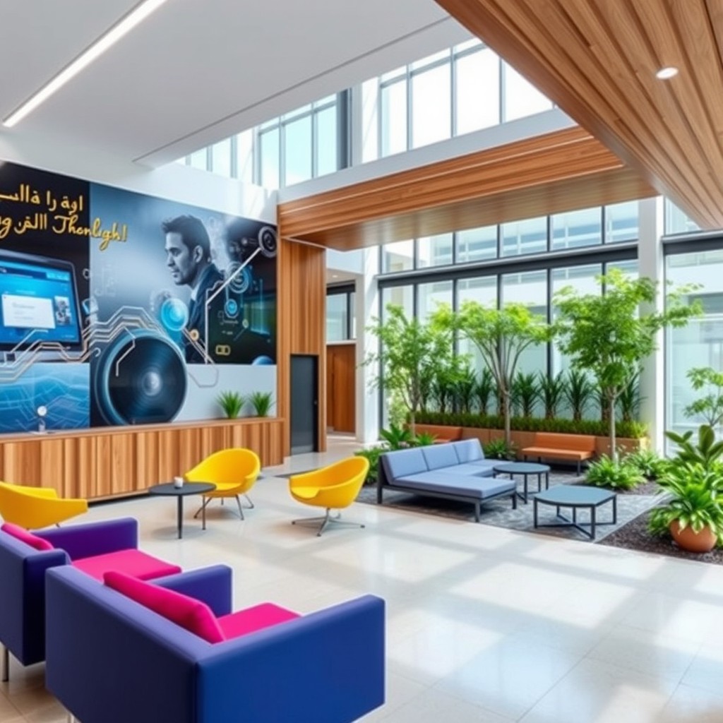 A contemporary interior design layout for a reception area and a patio within a technological institute