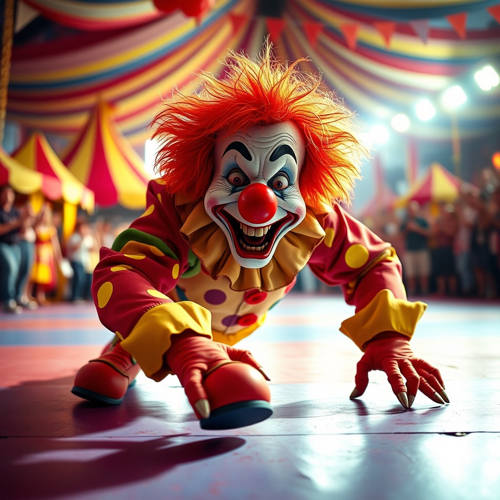 A crawling clown in colorful attire, with a happy yet slightly eerie expression