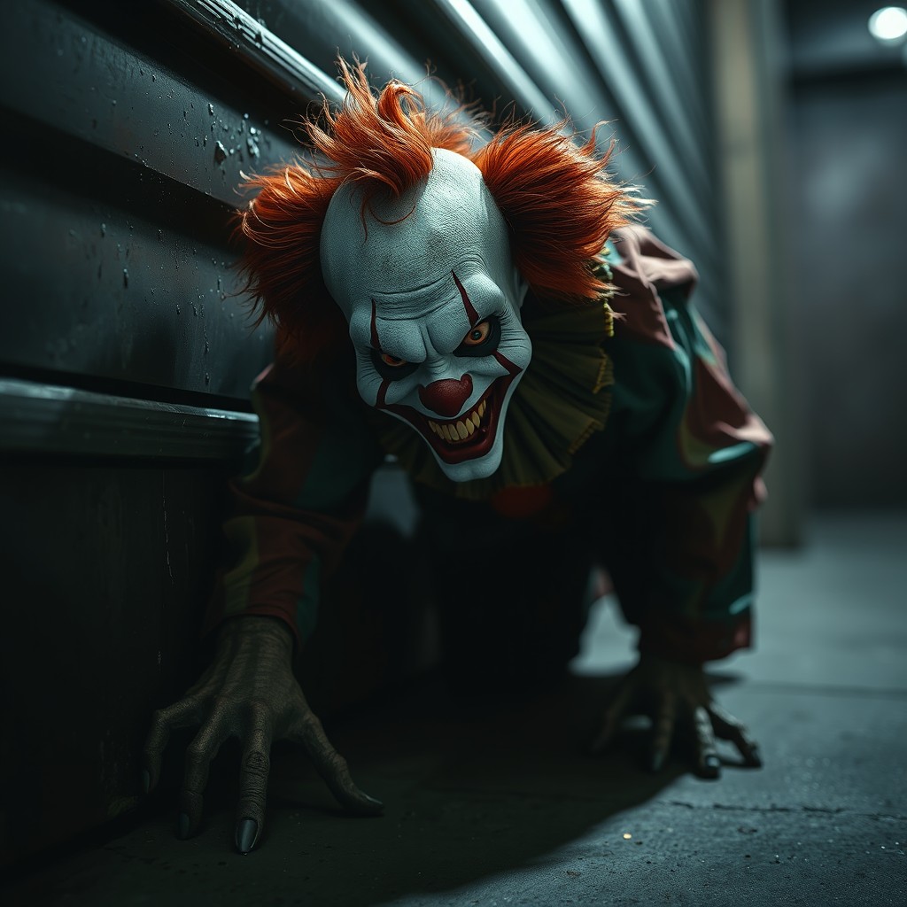 A horror-themed crawling clown creeping ominously along a dark garage door