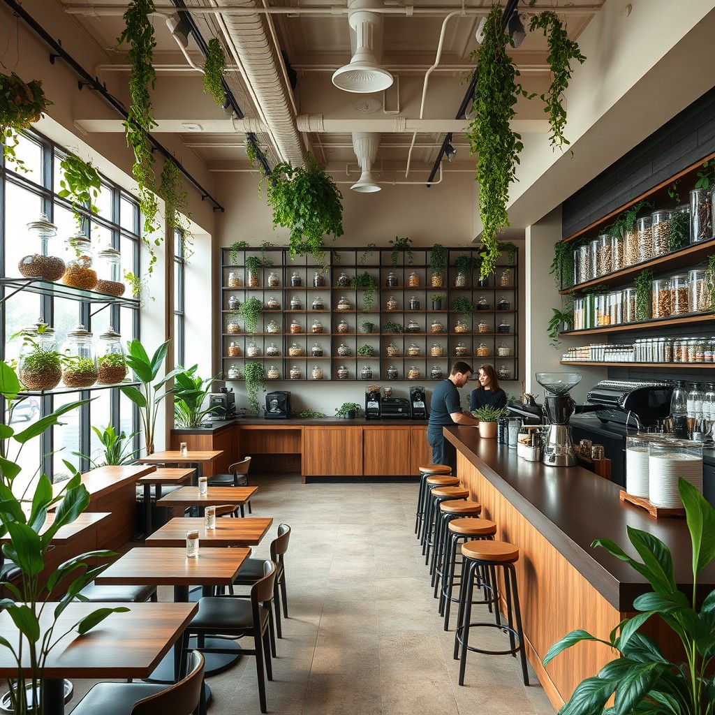 An inviting interior of a spacious 2,500 sq ft coffee house that features a wall of teas displayed in elegant glass containers