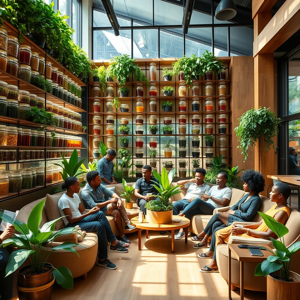 An inviting interior of a spacious 2,500 sq ft coffee house featuring a prominent wall of teas displayed in elegant glass containers