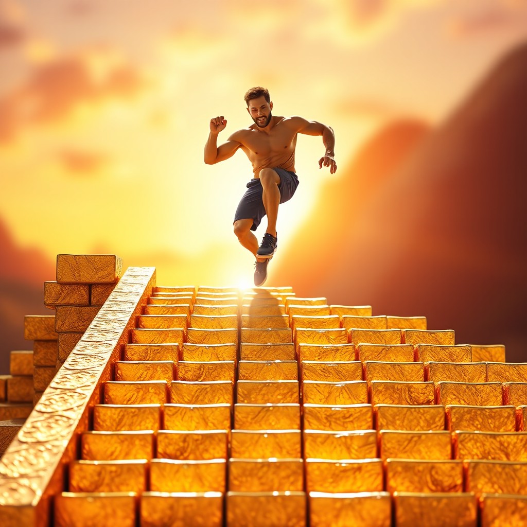 A powerful image of a determined man climbing a staircase made of shimmering gold blocks, embodying the journey towards success