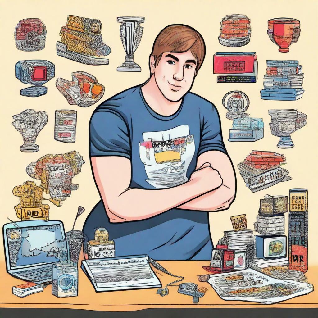 An illustration of Mr. Beast (Jimmy Donaldson), YouTube influencer, surrounded by awards and logos of his popular challenges.