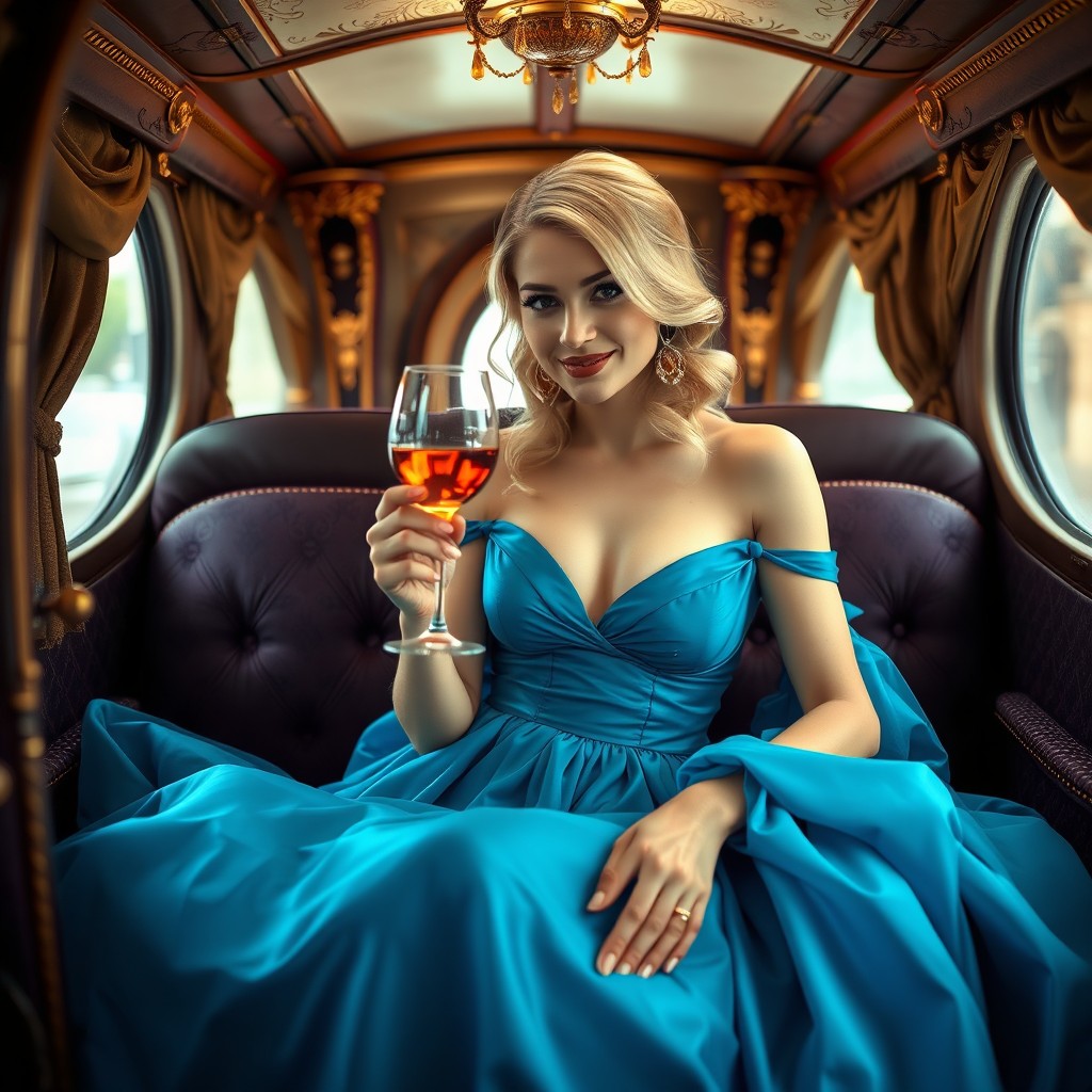 A young blonde woman in a flowing azure dress is elegantly seated inside a luxurious carriage, holding a glass of wine with a sly smile on her face