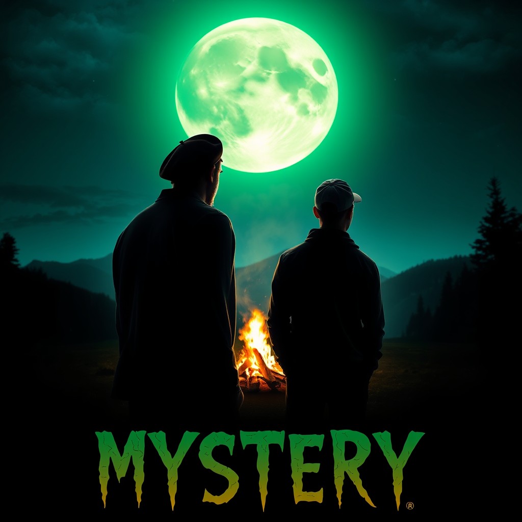 A captivating poster featuring two men seen from behind, standing at a campsite under a vibrant green moon