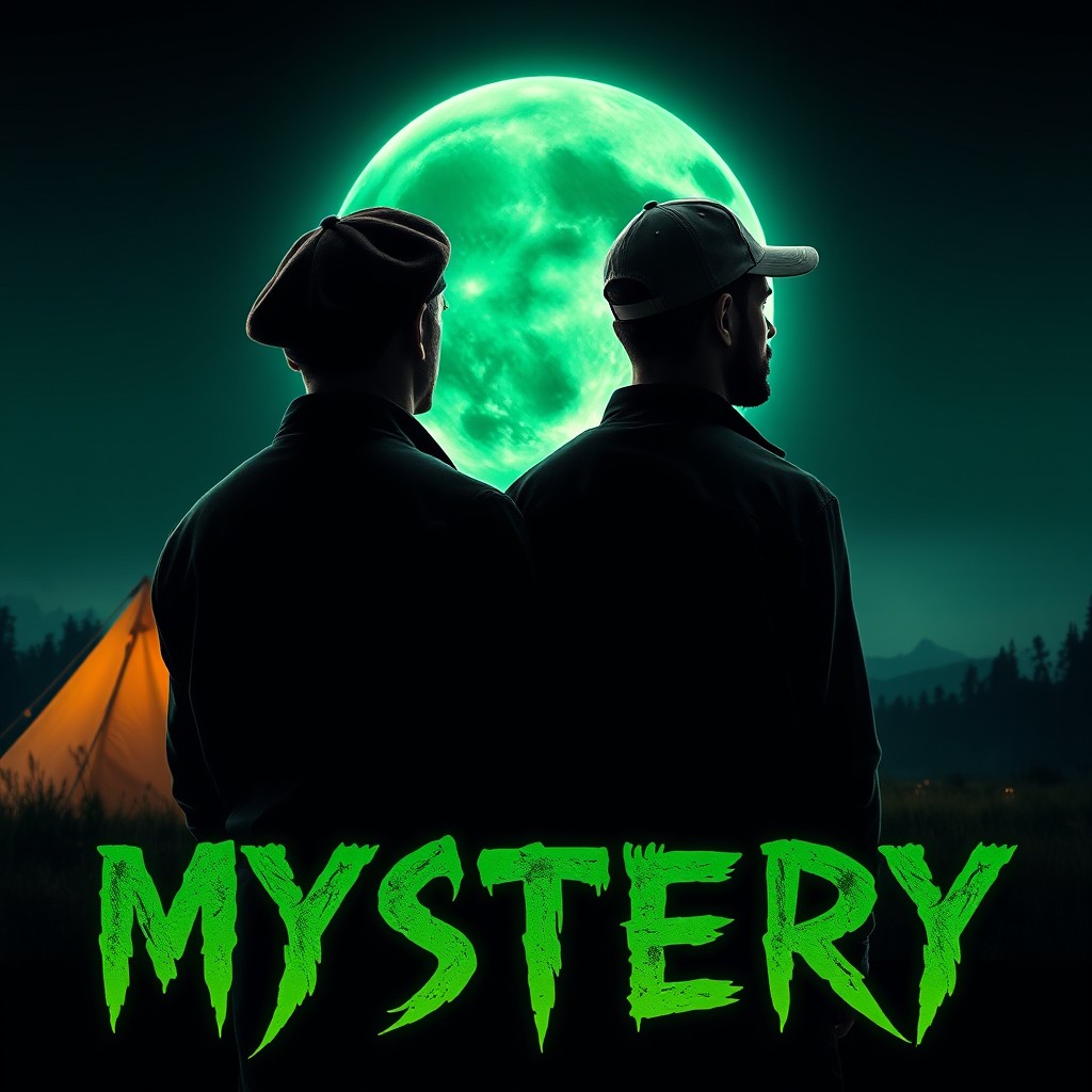 A striking poster depicting two men seen from behind at a campsite, illuminated by a mesmerizing green moon