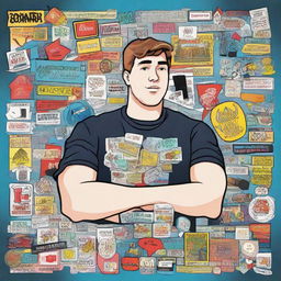 An illustration of Mr. Beast (Jimmy Donaldson), YouTube influencer, surrounded by awards and logos of his popular challenges.