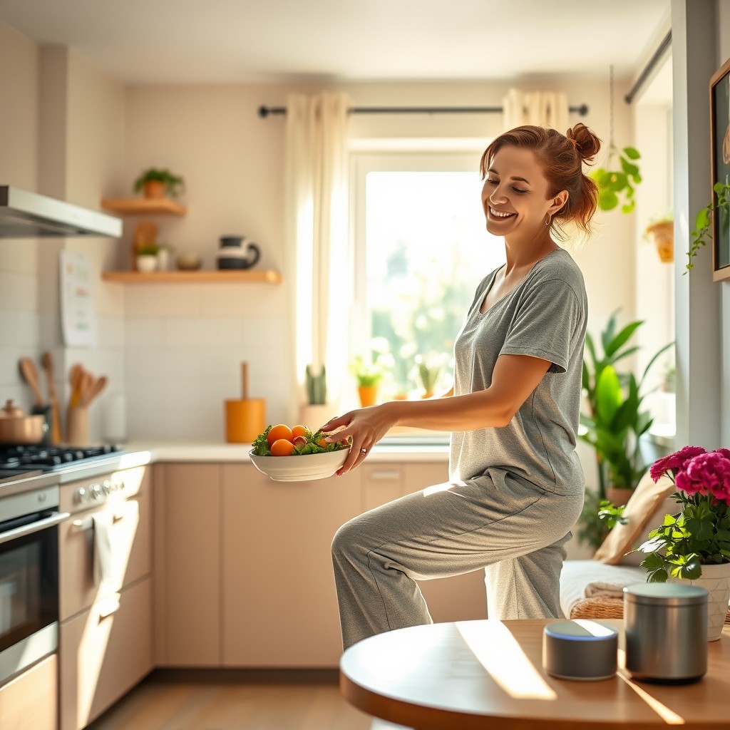A modern housewife efficiently managing her daily routine, showcasing a bright and organized kitchen, with a checklist on the wall
