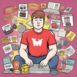 An illustration of Mr. Beast (Jimmy Donaldson), YouTube influencer, surrounded by awards and logos of his popular challenges.