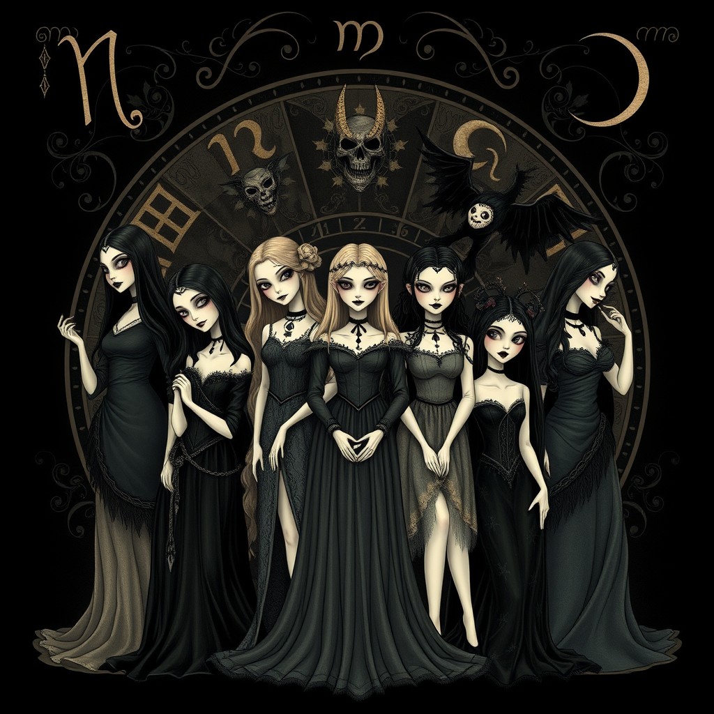 An artistic representation of the 12 zodiac signs as unique feminine figures, each embodying the essence of their respective sign in a whimsical, gothic style inspired by the Addams Family