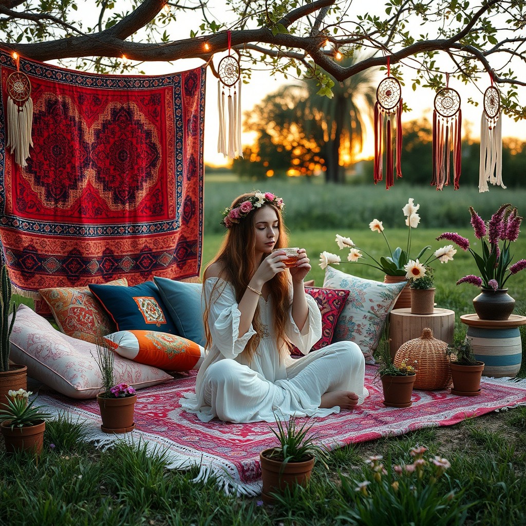 A bohemian-style scene featuring a cozy outdoor space decorated with colorful tapestries and soft cushions