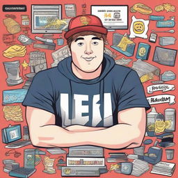 An illustration of Mr. Beast (Jimmy Donaldson), YouTube influencer, surrounded by awards and logos of his popular challenges.