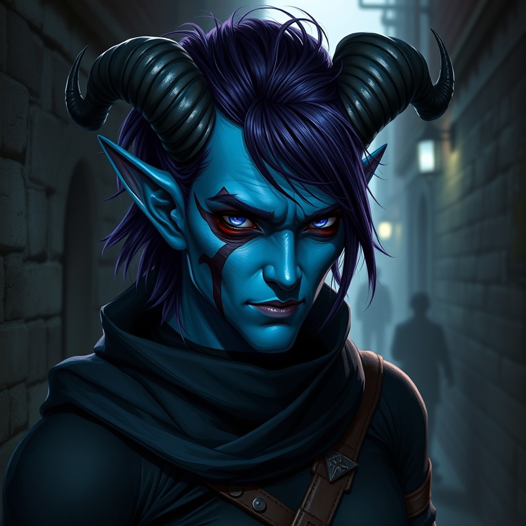 A blue-skinned tiefling rogue with dark purple hair, around 28 years old
