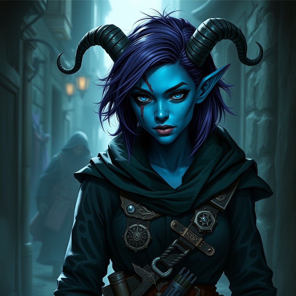 A mystical female tiefling rogue with striking blue skin and dark purple hair styled in a medium length