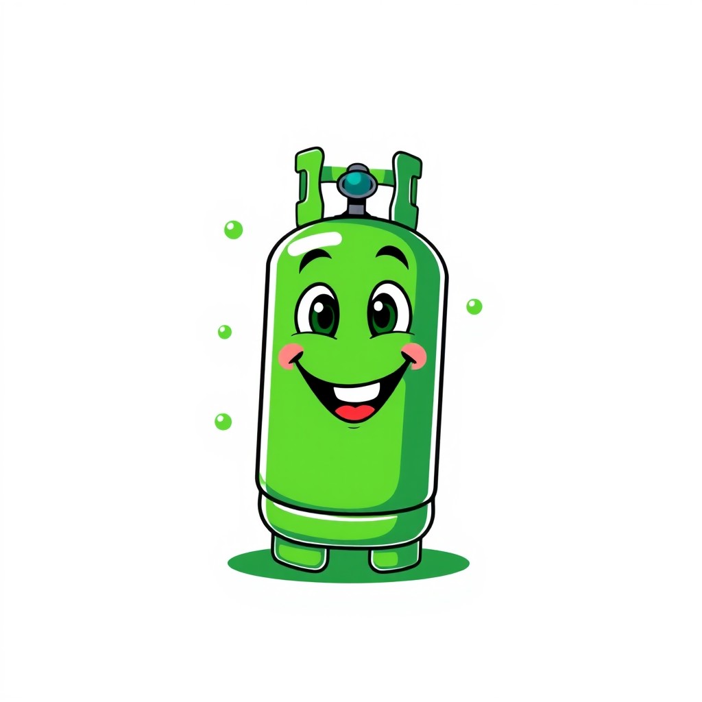 A vibrant t-shirt design featuring a large, animated green 3 kg LPG cylinder prominently displayed on the front