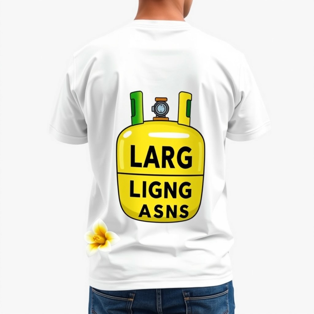 Desain kaos berwarna putih yang menampilkan gambar animasi tabung LPG 3 kg berwarna hijau