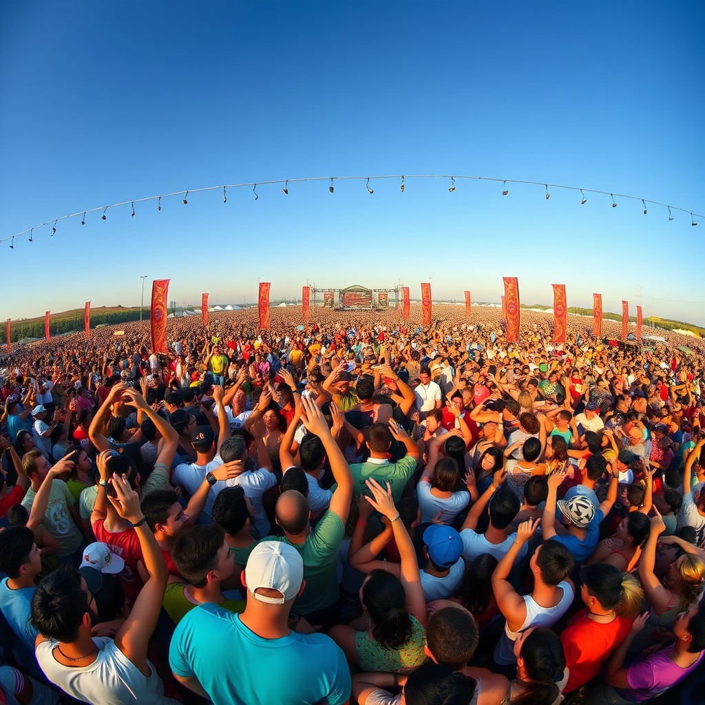 A vast crowd viewed from above, densely packed and energetic, showcasing a variety of colorful clothing, with individuals raising their arms and engaging with each other