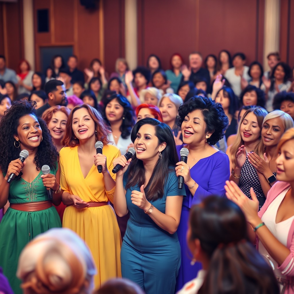 A vibrant scene depicting a group of women performing a song during an audition, surrounded by an engaged audience